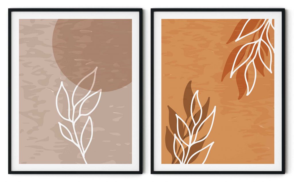 Set of 2 abstract white line drawing botanical