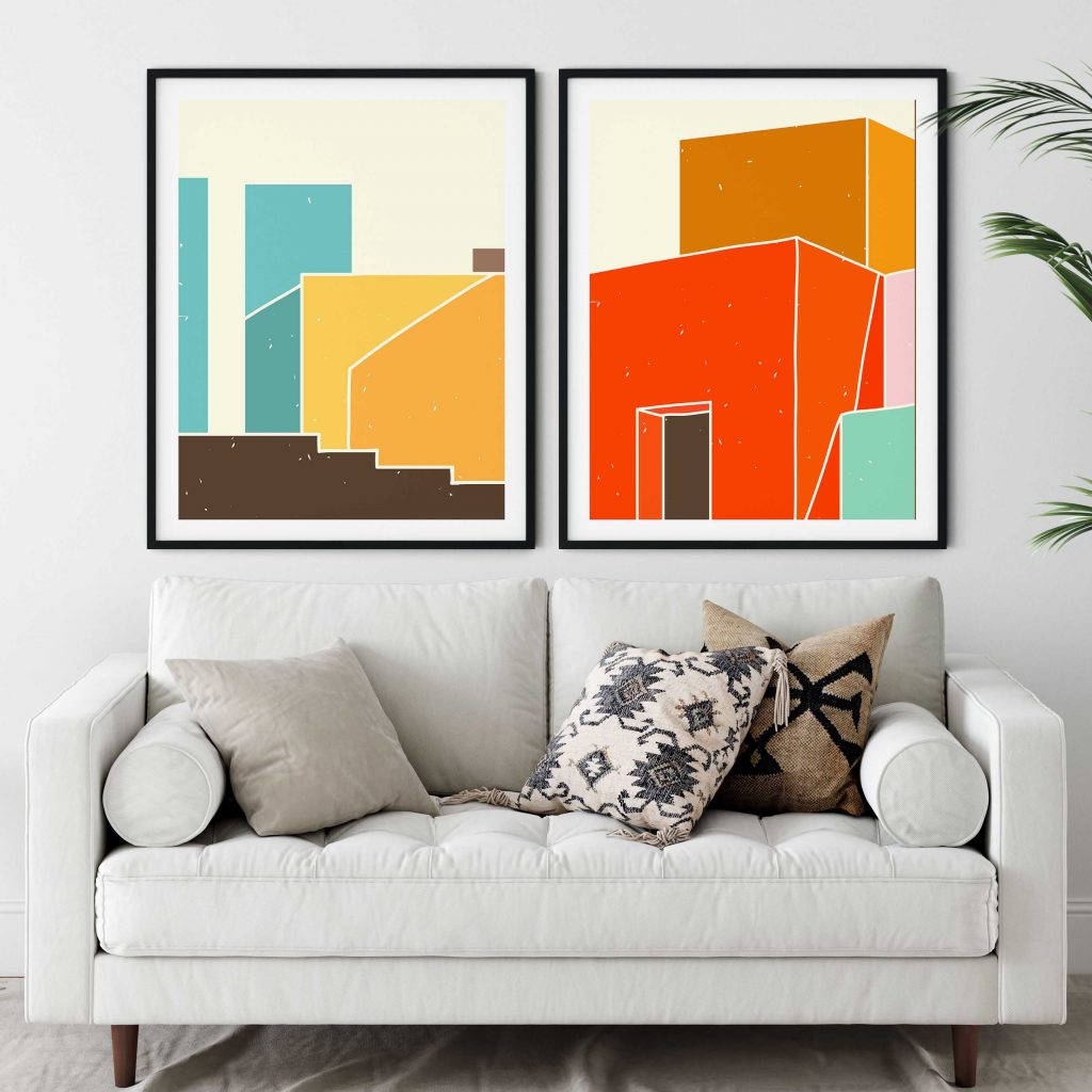 Abstract Geometric Architectural Diptych – Wall Decor