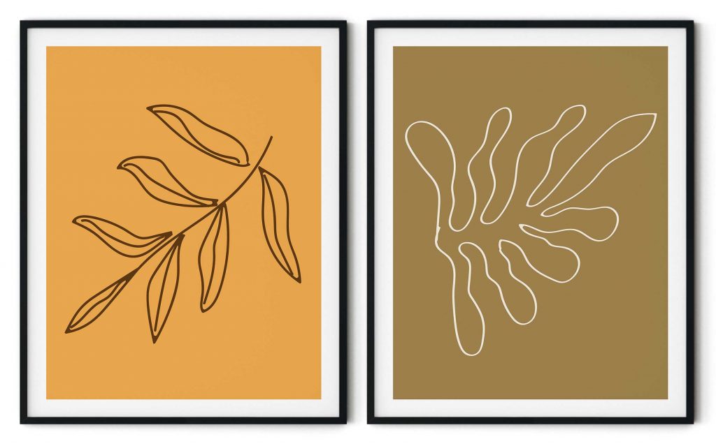 Set of 2 colorful line drawing botanical