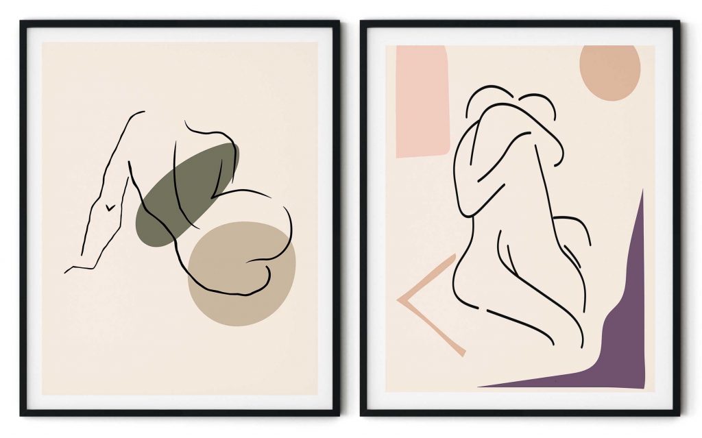 Set of 2 soft pink line drawing nude and couple hugging