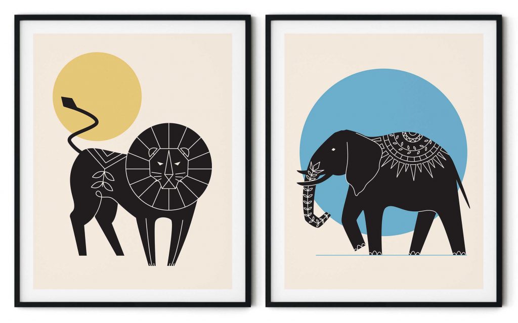 Set of 2 circle lion and elephant