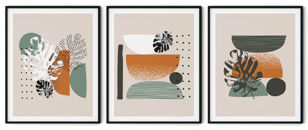 Set of 3 abstract colorful leaf figure botanical