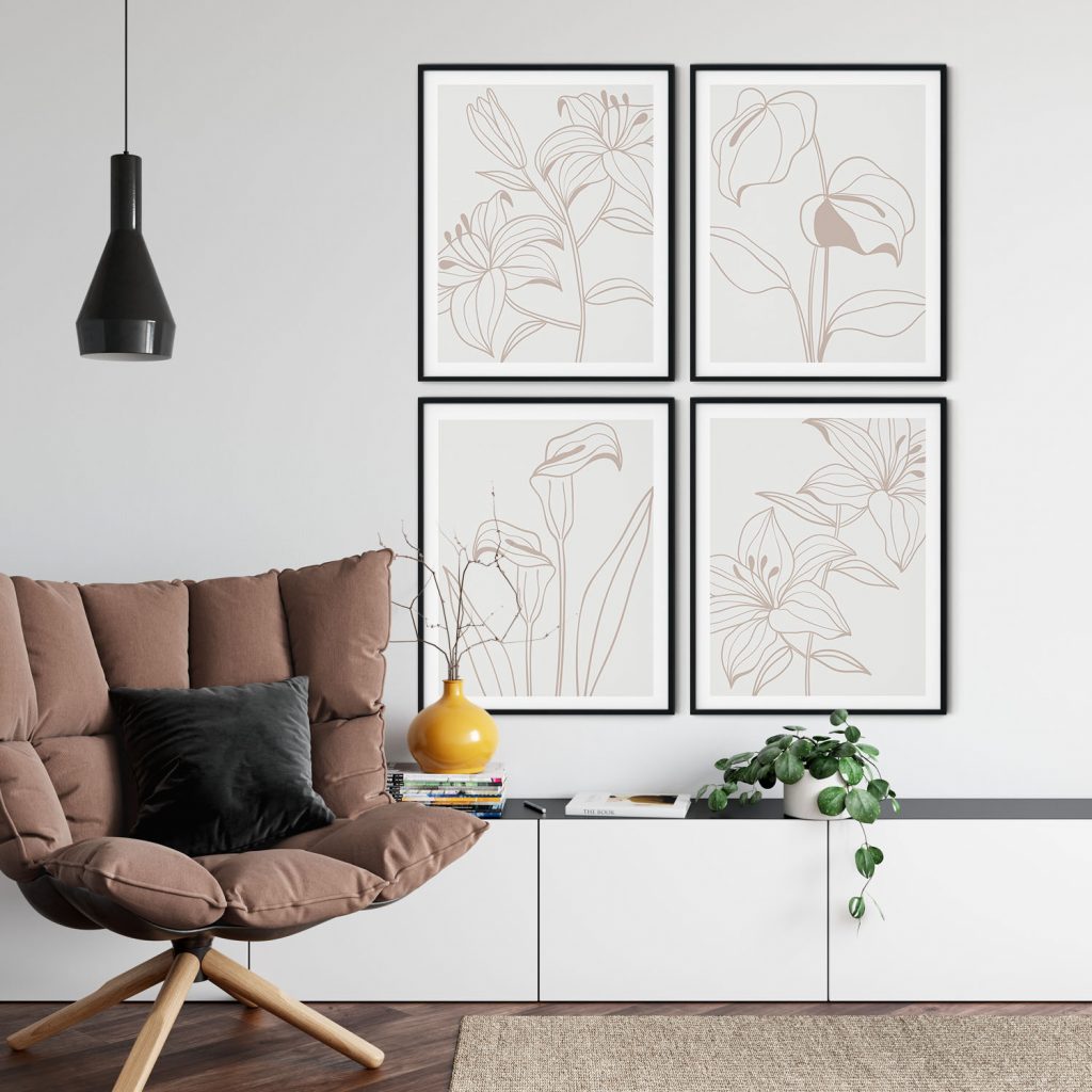 Botanical Beige Line Art Flowers – Wall Painting