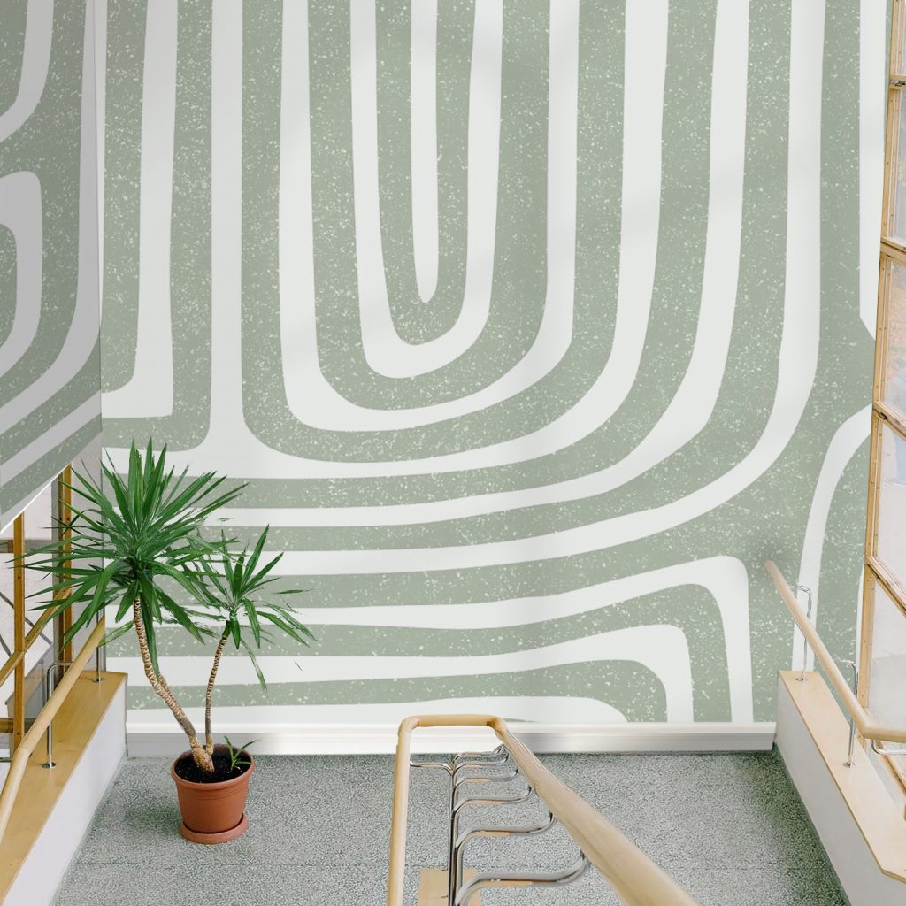 Sage Green and White Curved Stripe Wallpaper