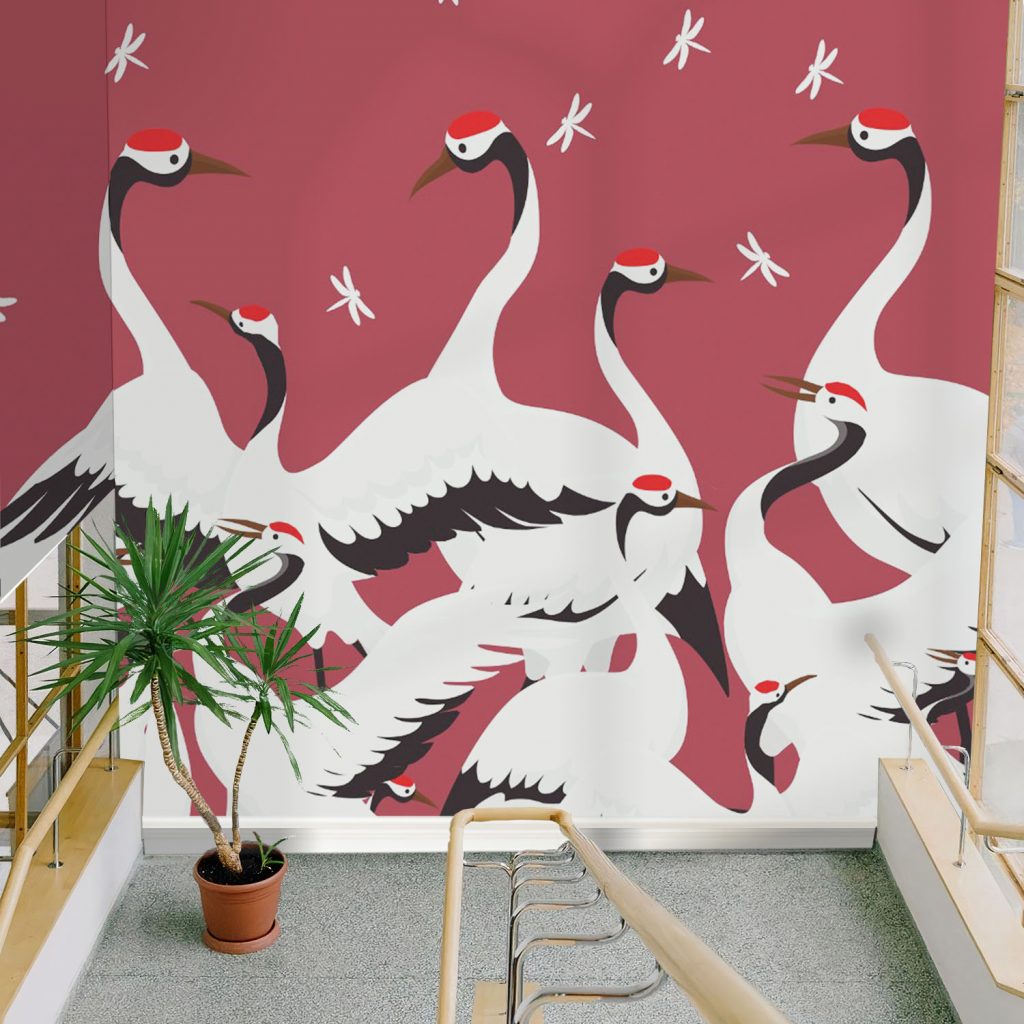 Red Japanese Crane and Dragonfly Wallpaper