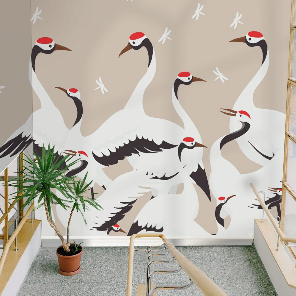 Beige Japanese Crane and Dragonfly Wallpaper