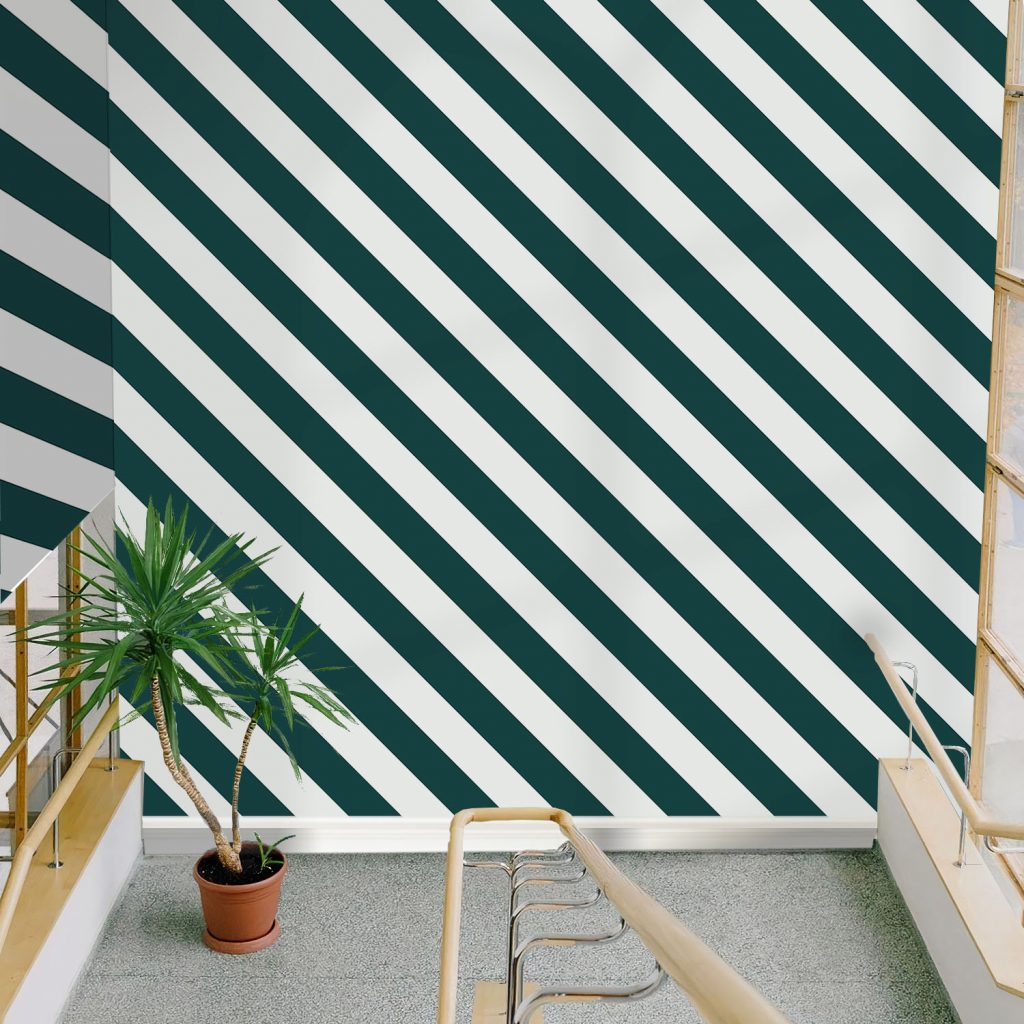 Teal and White Diagonal Stripe Wallpaper