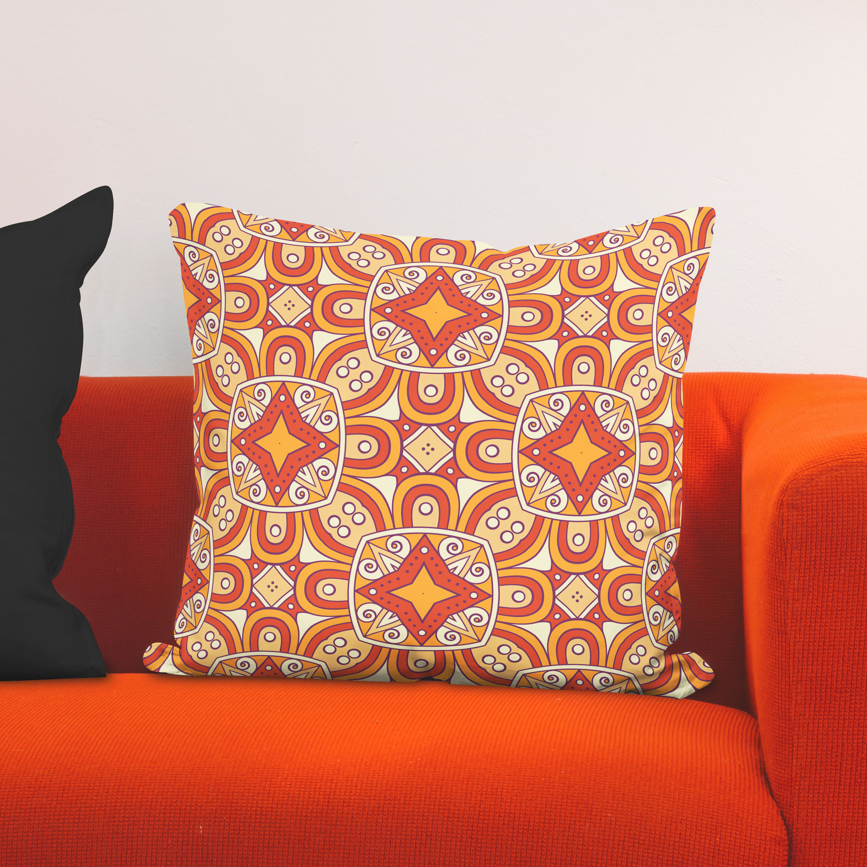 Red sofa with pillow and light lamp