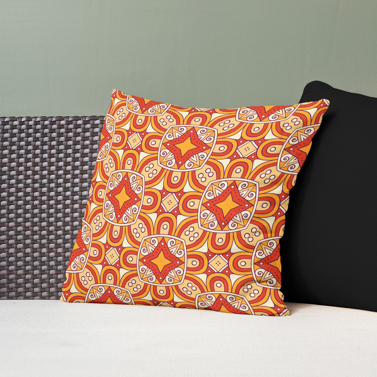 Red sofa with pillow and light lamp