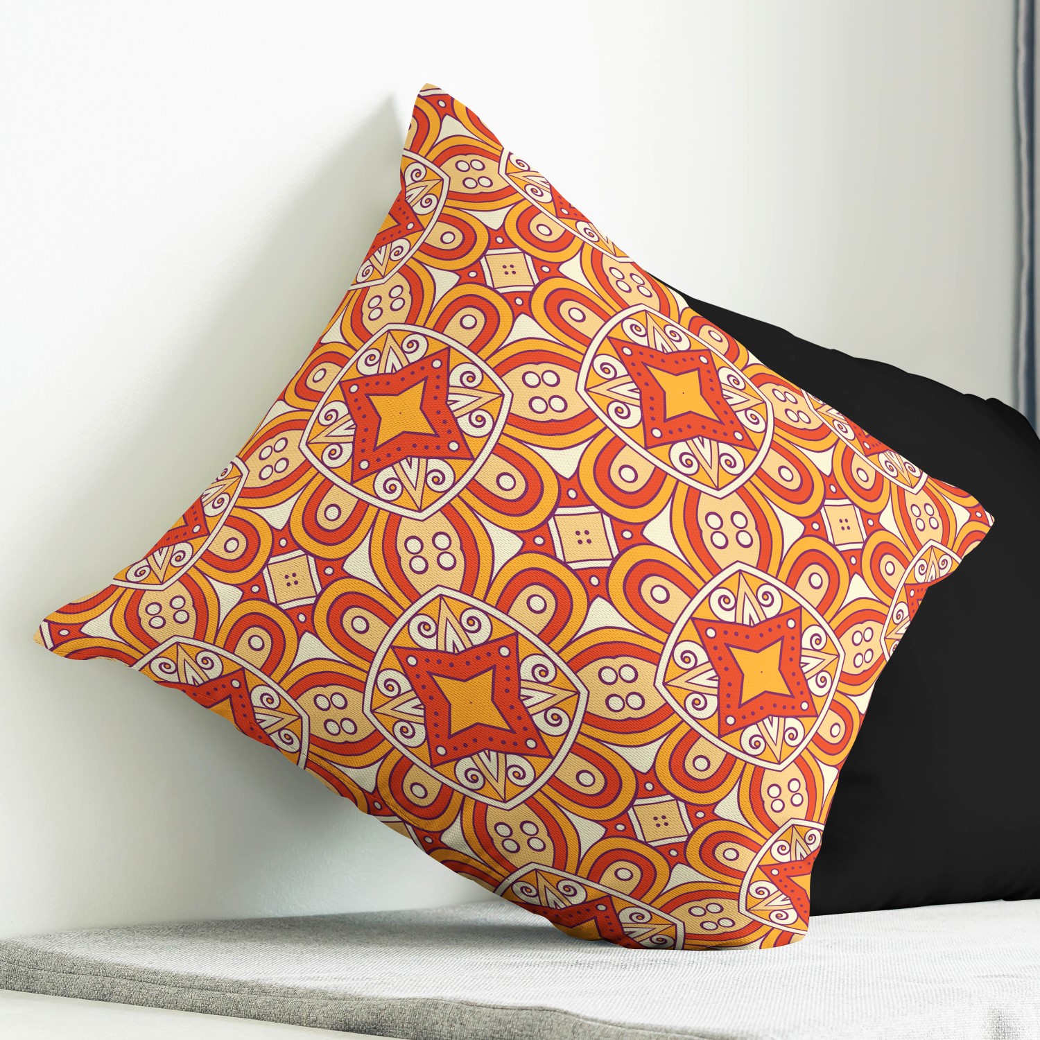 Red sofa with pillow and light lamp