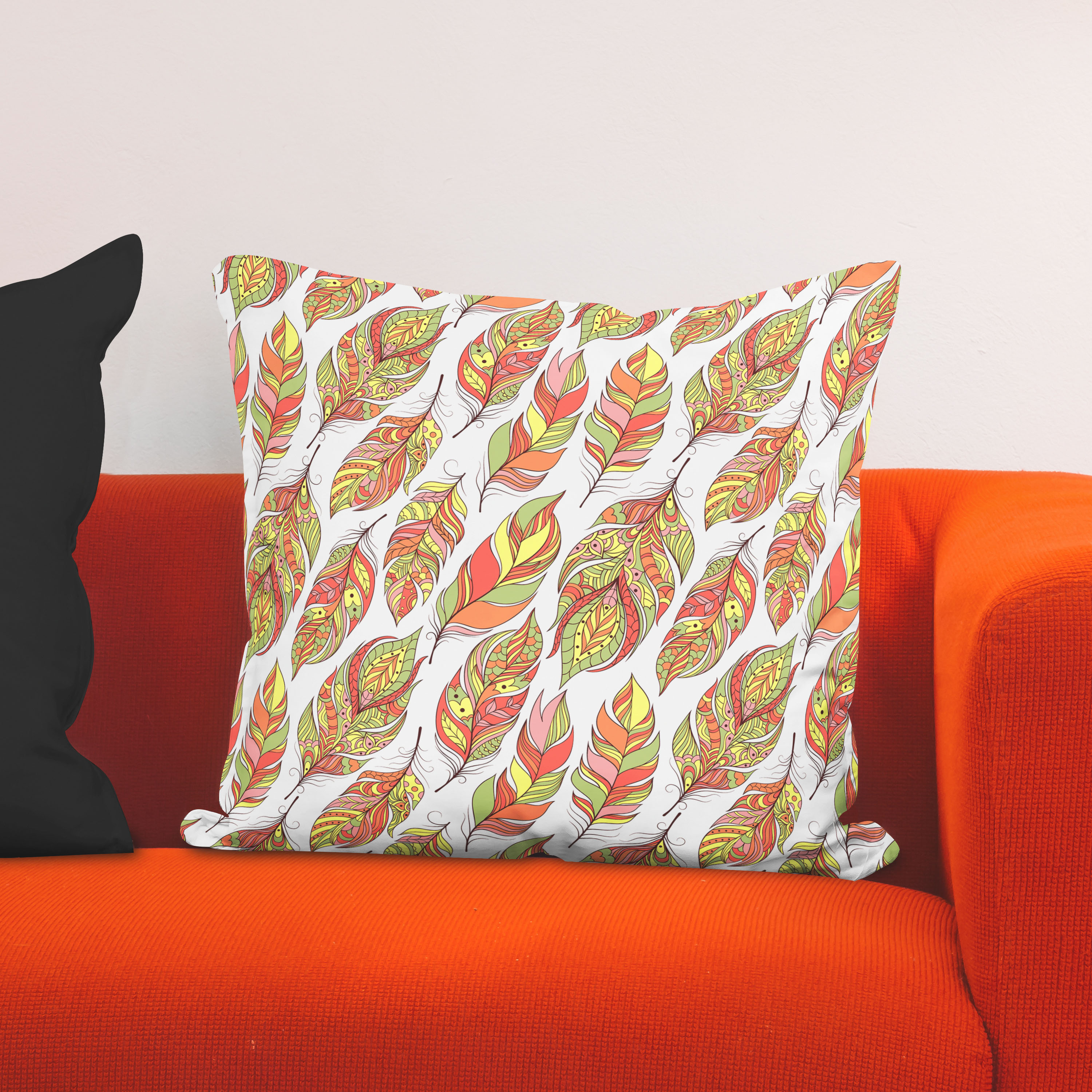 Red sofa with pillow and light lamp