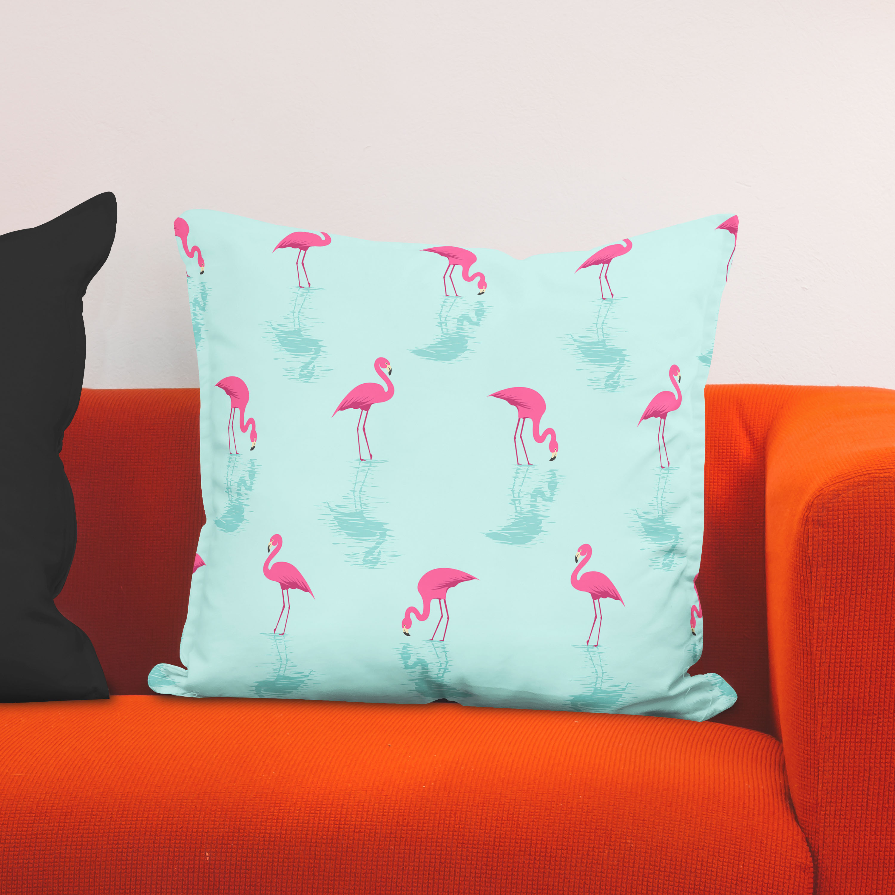 Red sofa with pillow and light lamp