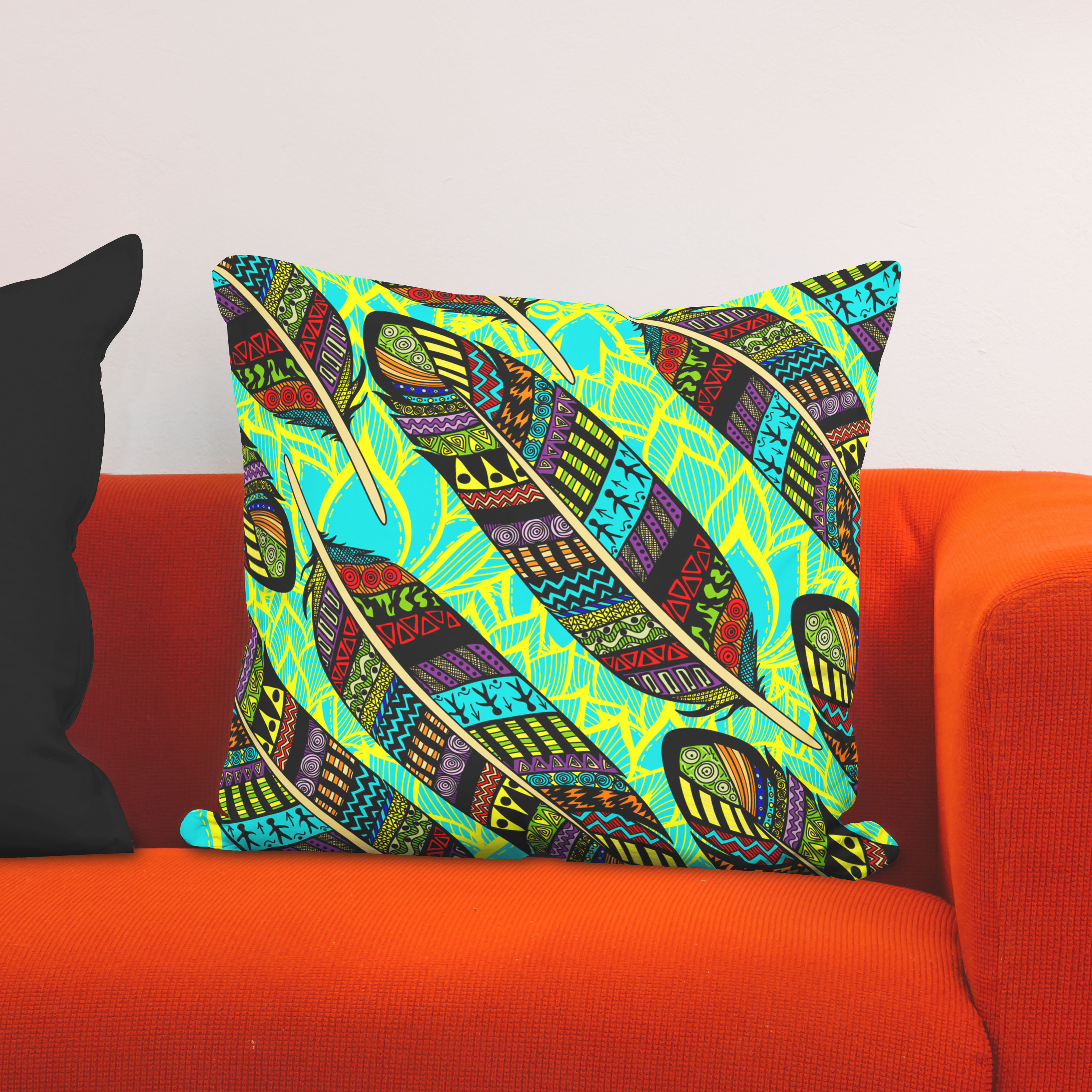 Red sofa with pillow and light lamp