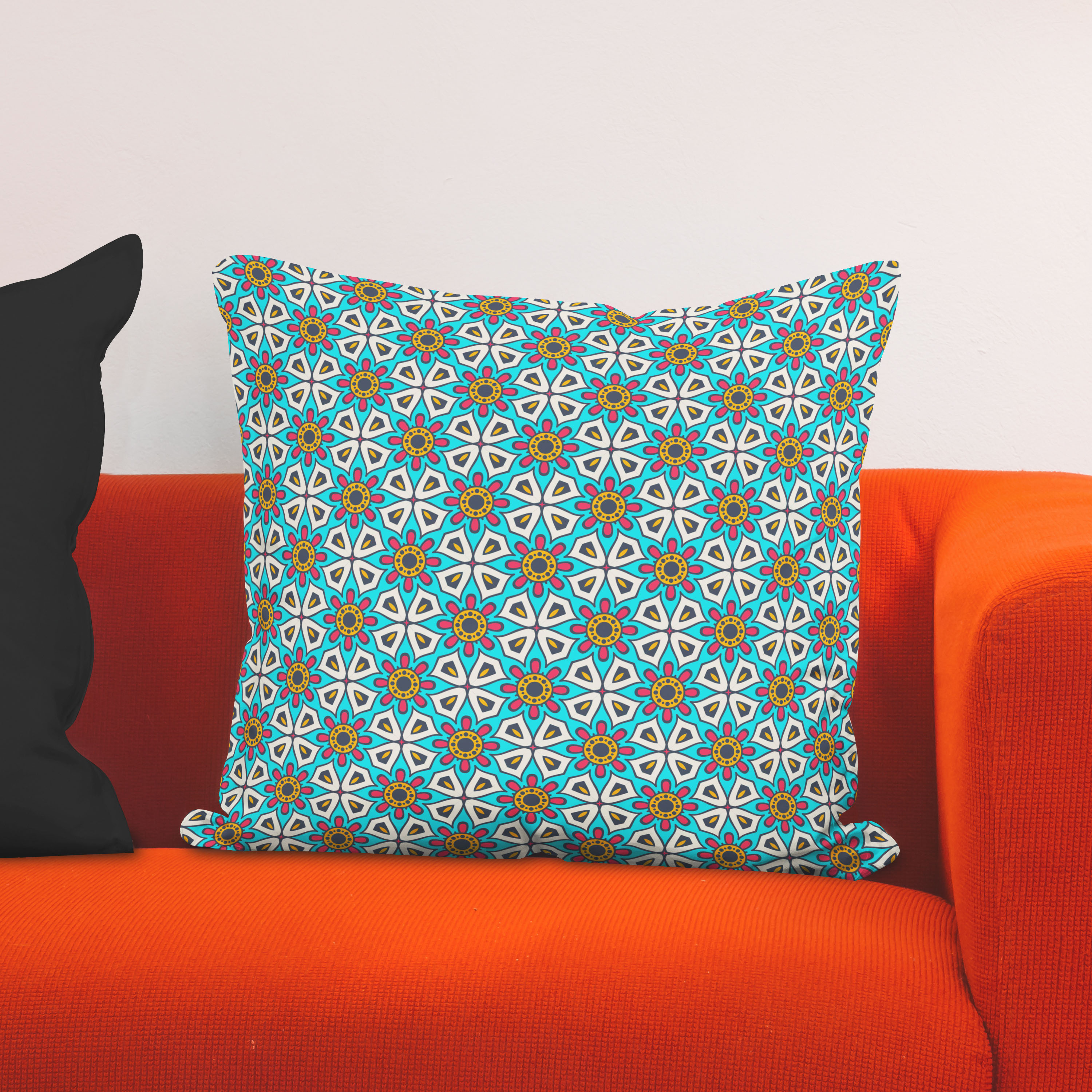 Red sofa with pillow and light lamp