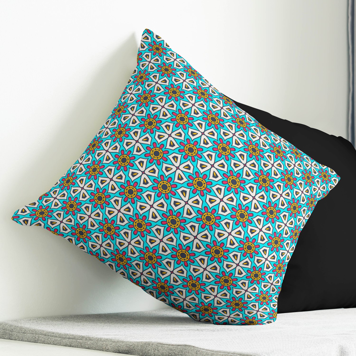 Red sofa with pillow and light lamp