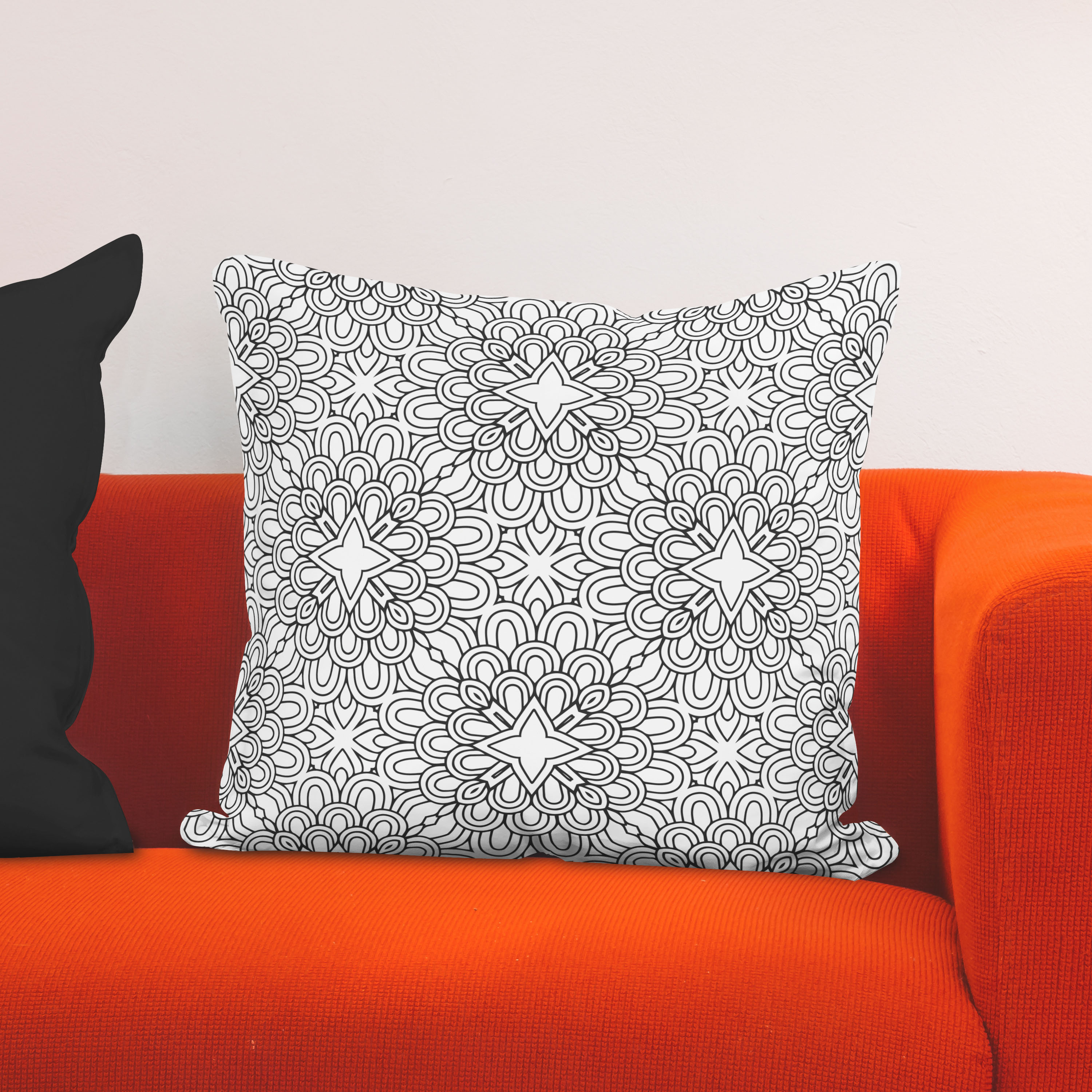 Red sofa with pillow and light lamp