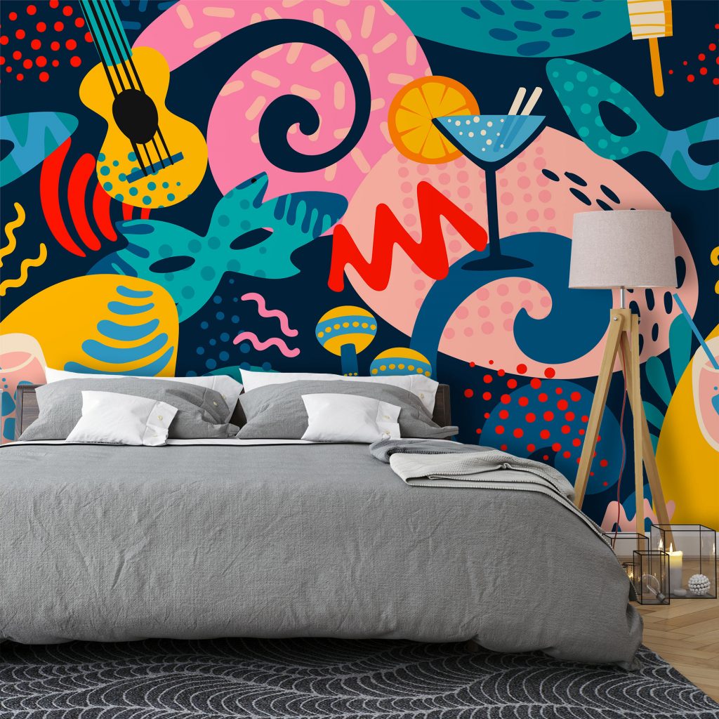 Colourful Carnival Guitar and Mask Wallpaper
