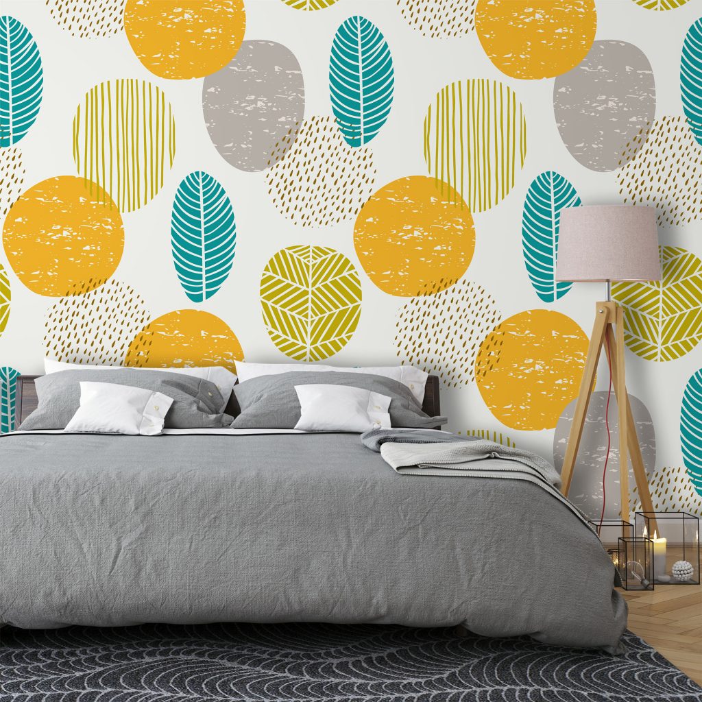 Mustard and Teal Scandinavian Leaf Wallpaper