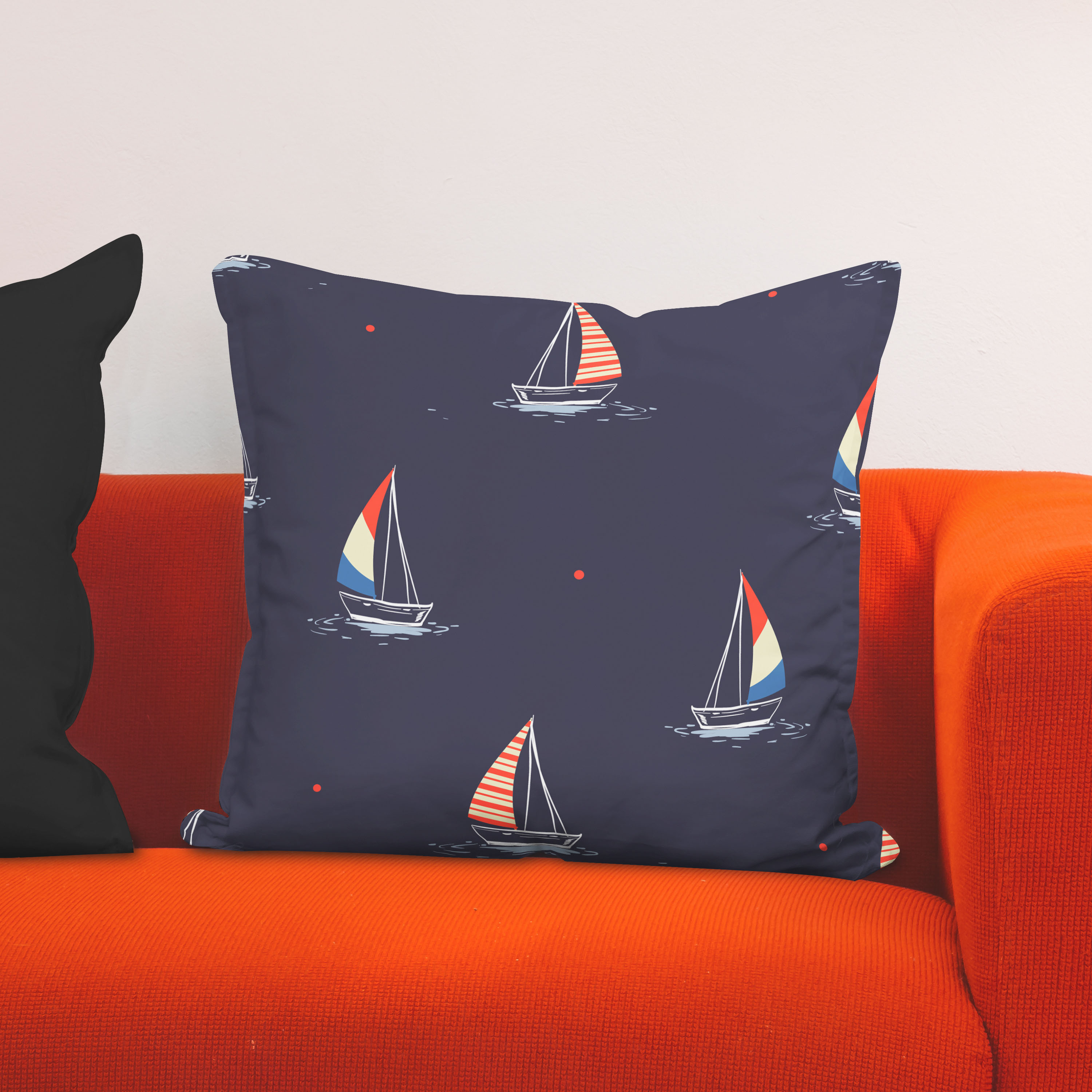 Red sofa with pillow and light lamp