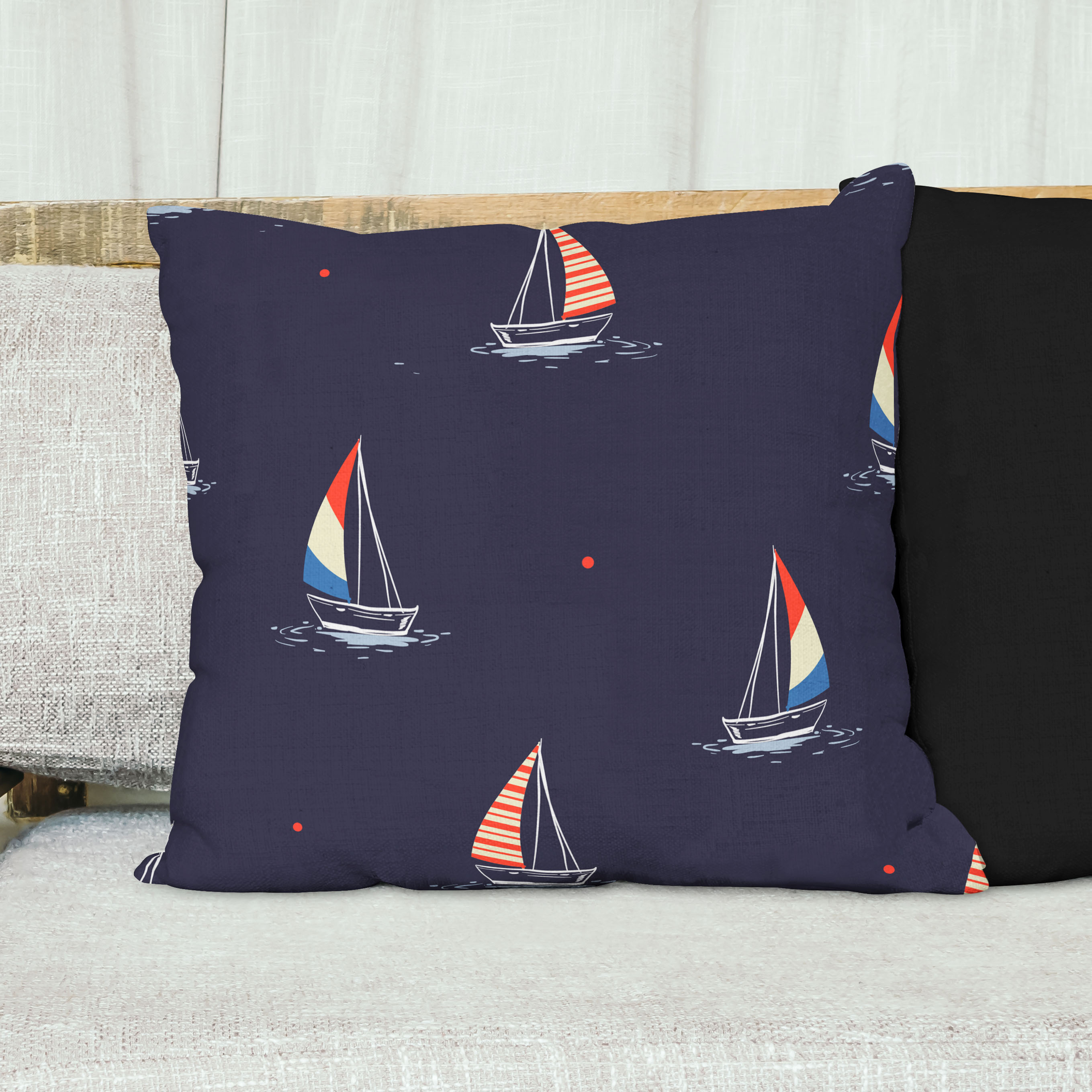 Red sofa with pillow and light lamp