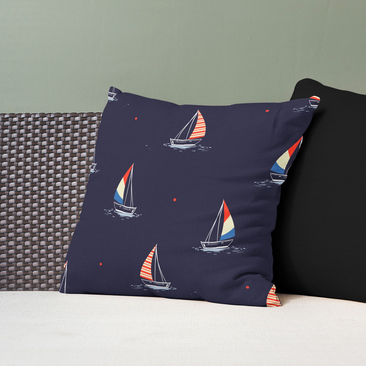 Red sofa with pillow and light lamp