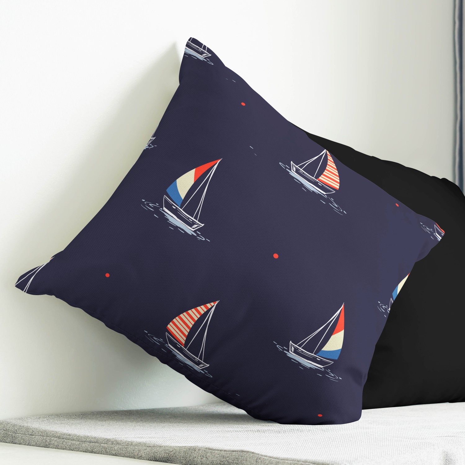 Red sofa with pillow and light lamp