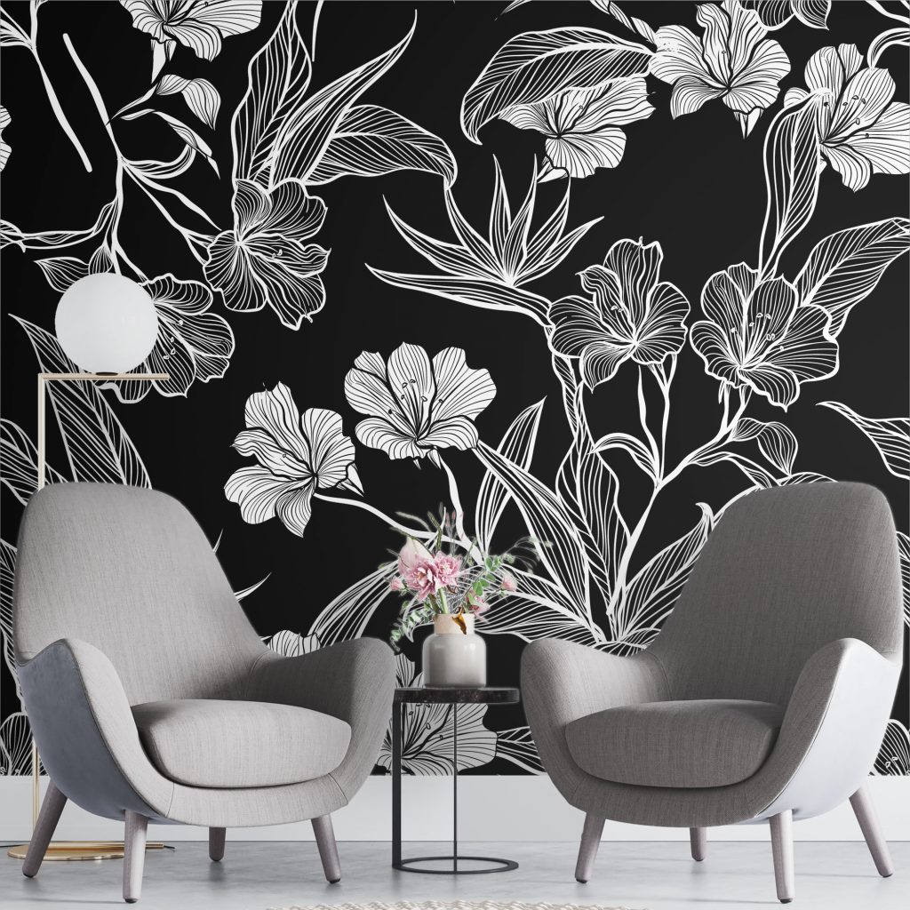 Line drawing white flowers - Mural Wallpaper, PVC Free, Non-Toxic