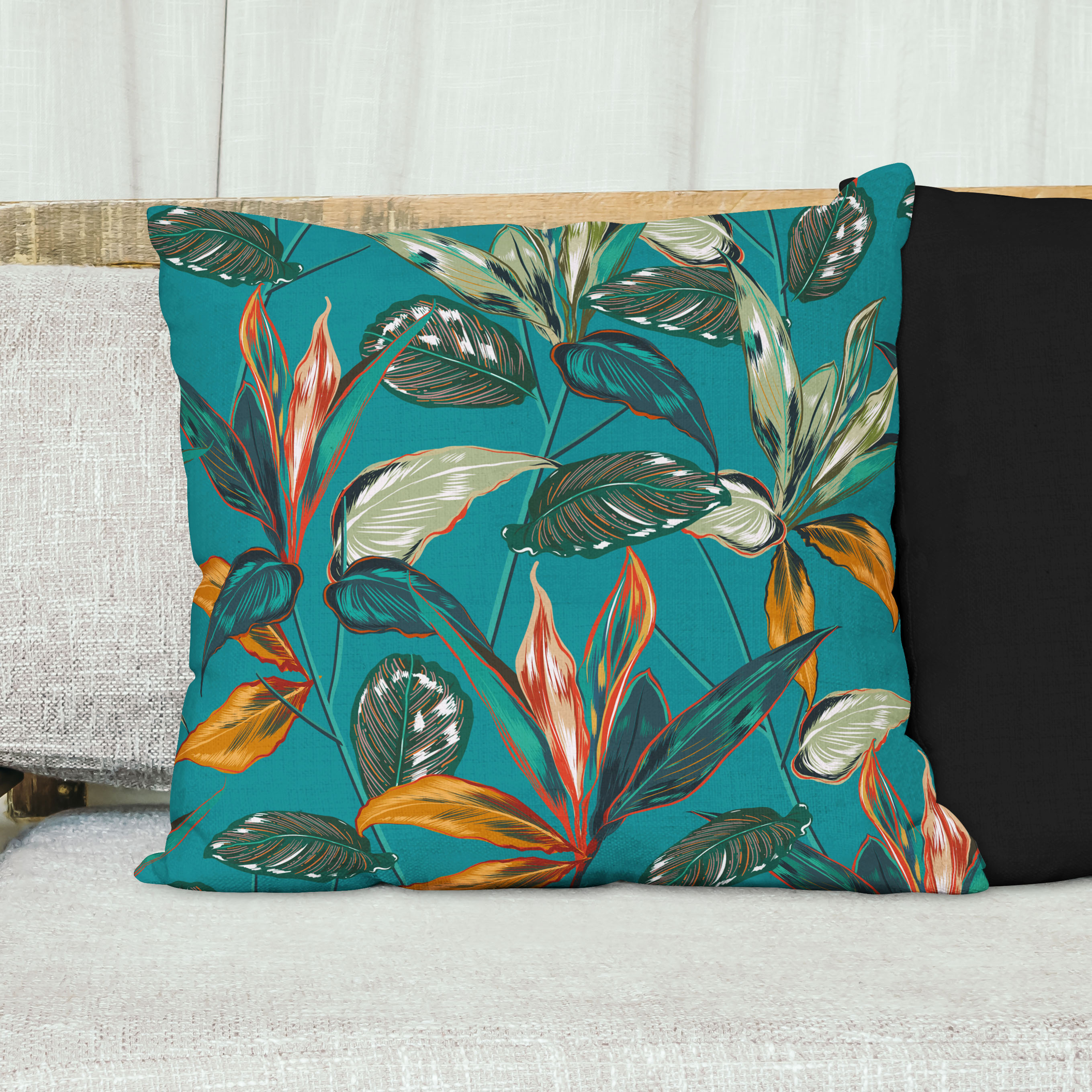 Red sofa with pillow and light lamp