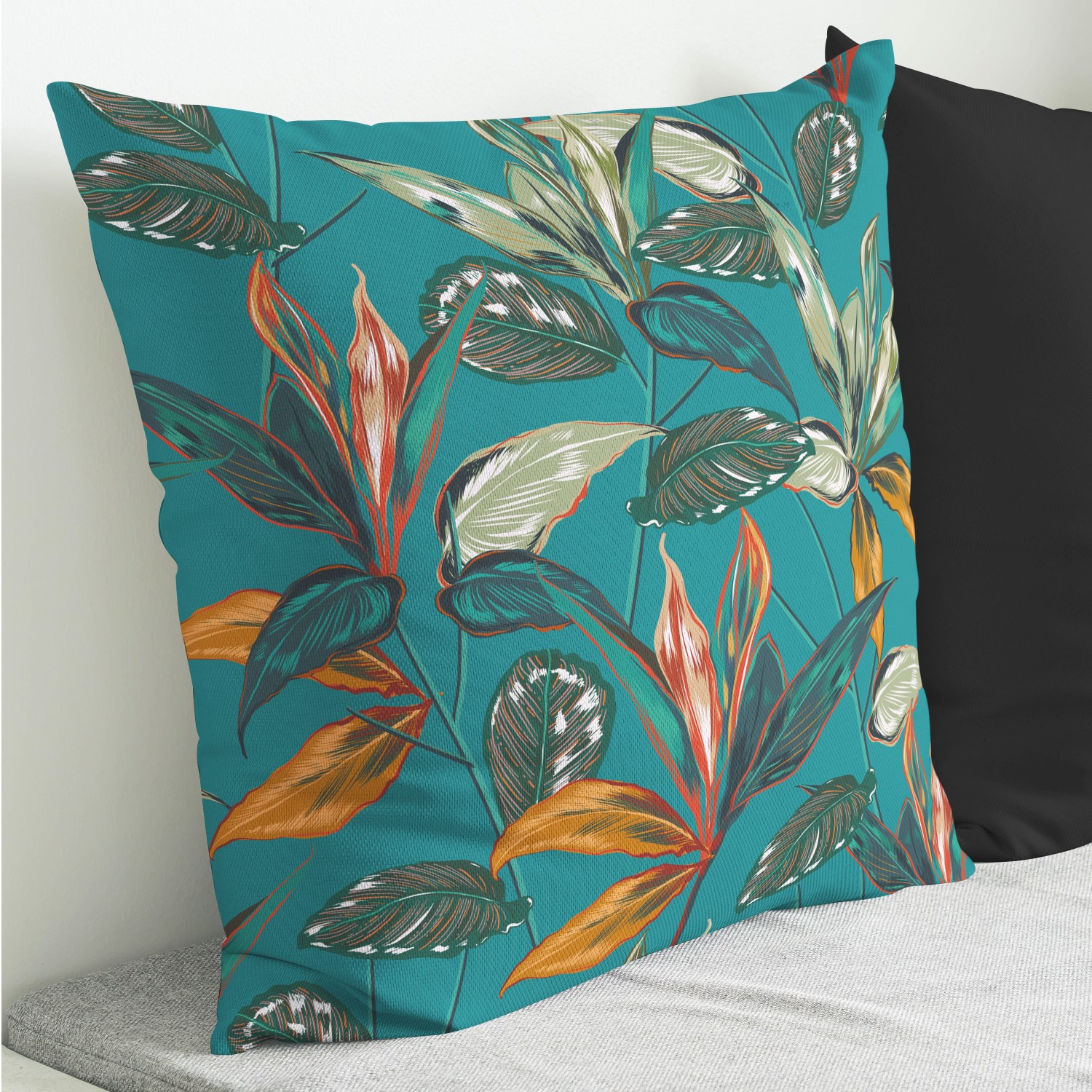 Red sofa with pillow and light lamp