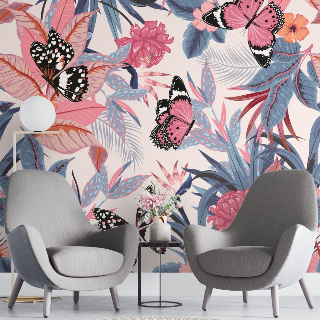 Butterfly and Roses - Mural Wallpaper, PVC Free, Non-Toxic