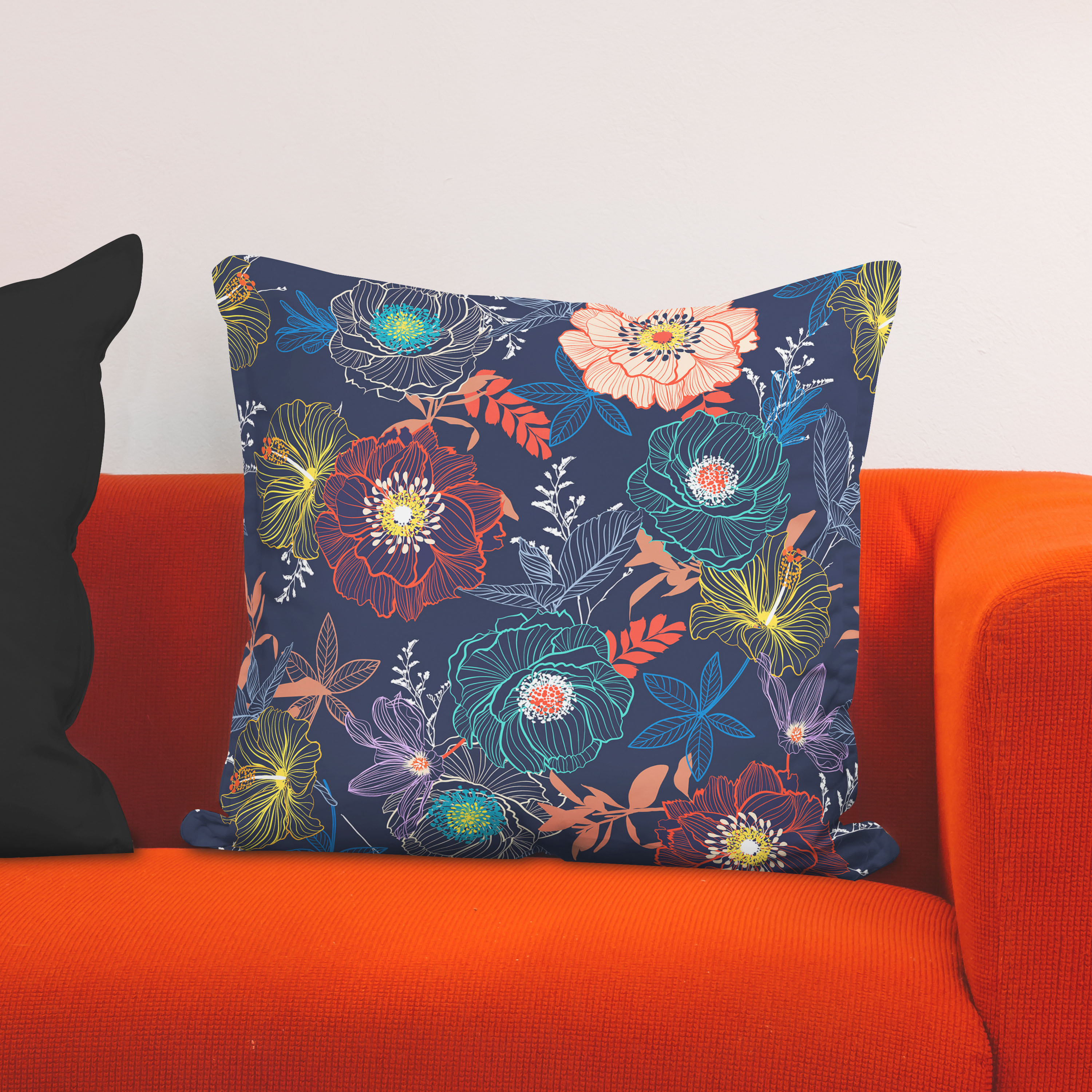 Red sofa with pillow and light lamp