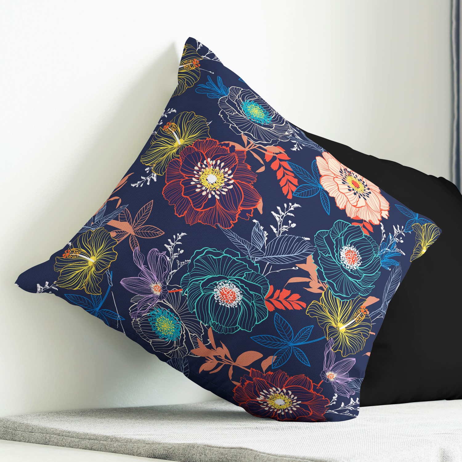 Red sofa with pillow and light lamp