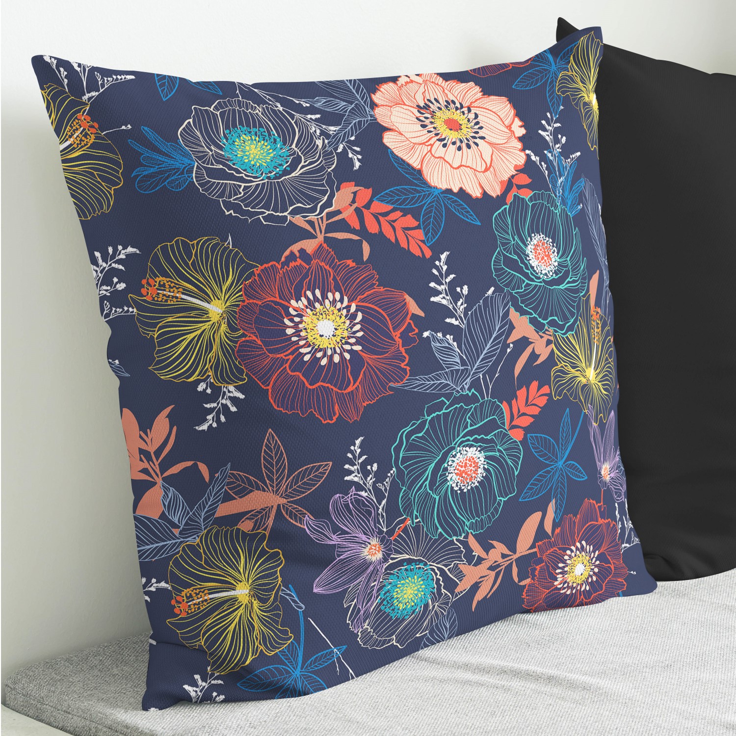 Red sofa with pillow and light lamp