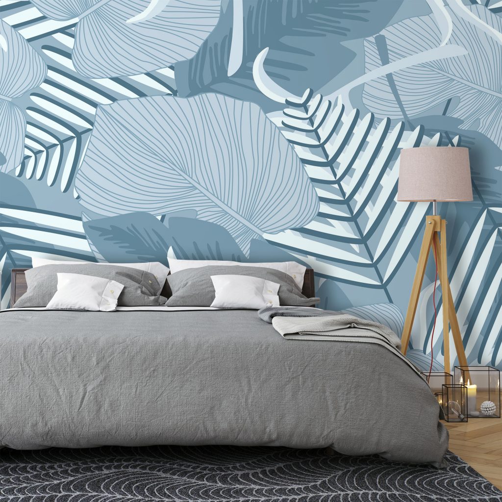 Blue and White Tropical Leaf Wallpaper