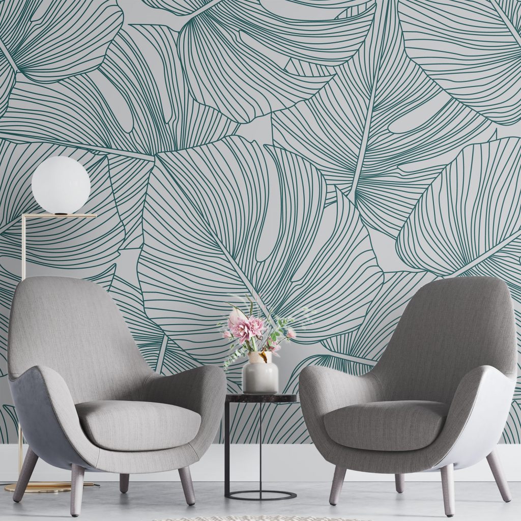 Line drawing green leaves - Mural Wallpaper, PVC Free, Non-Toxic