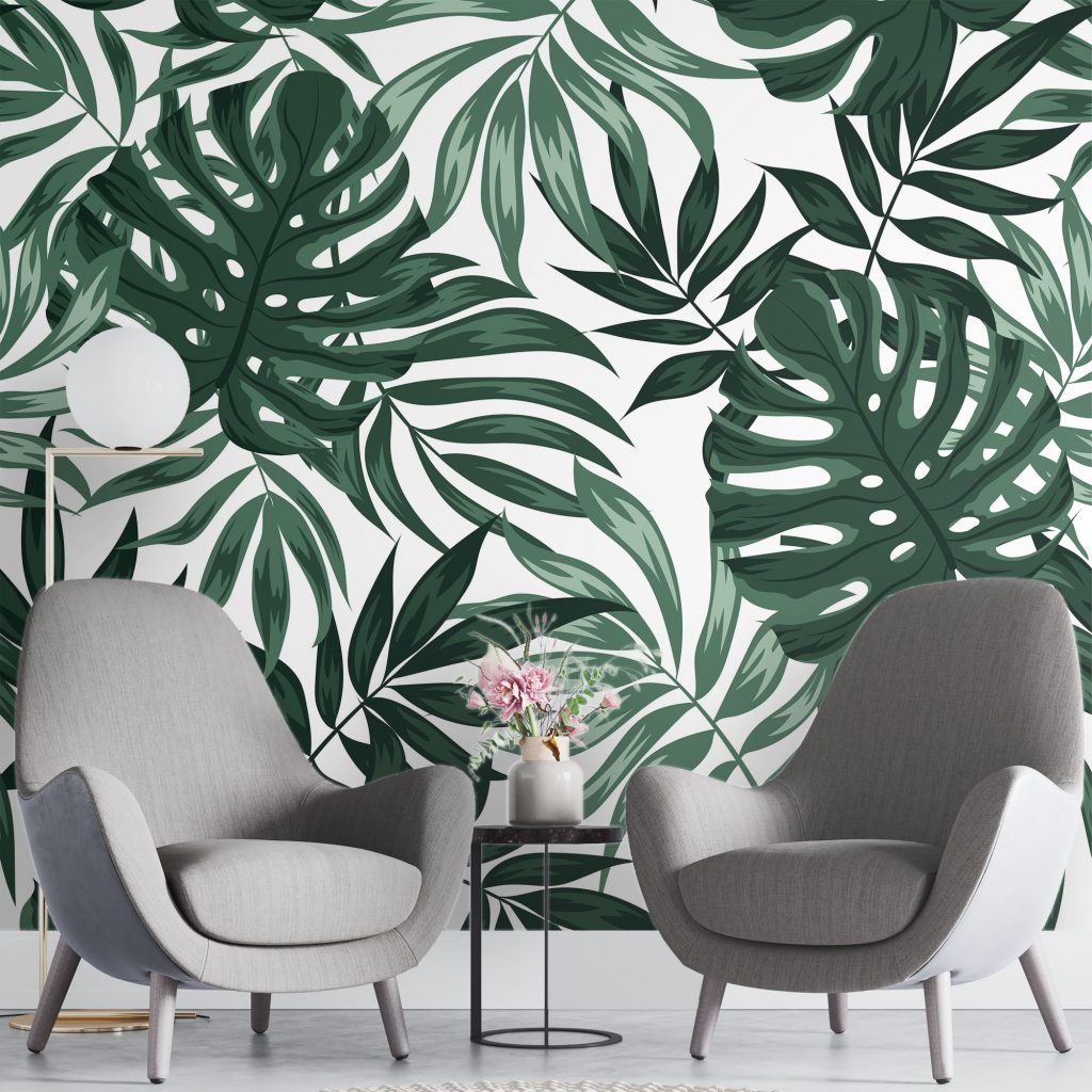 Green monstera art - Mural Wallpaper, PVC Free, Non-Toxic