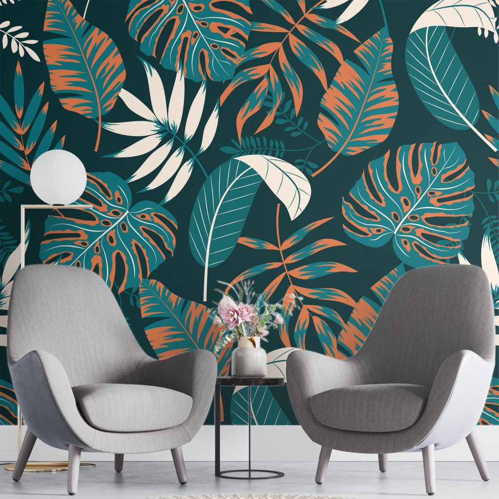 Seamless monstera leaves - Mural Wallpaper, PVC Free, Non-Toxic