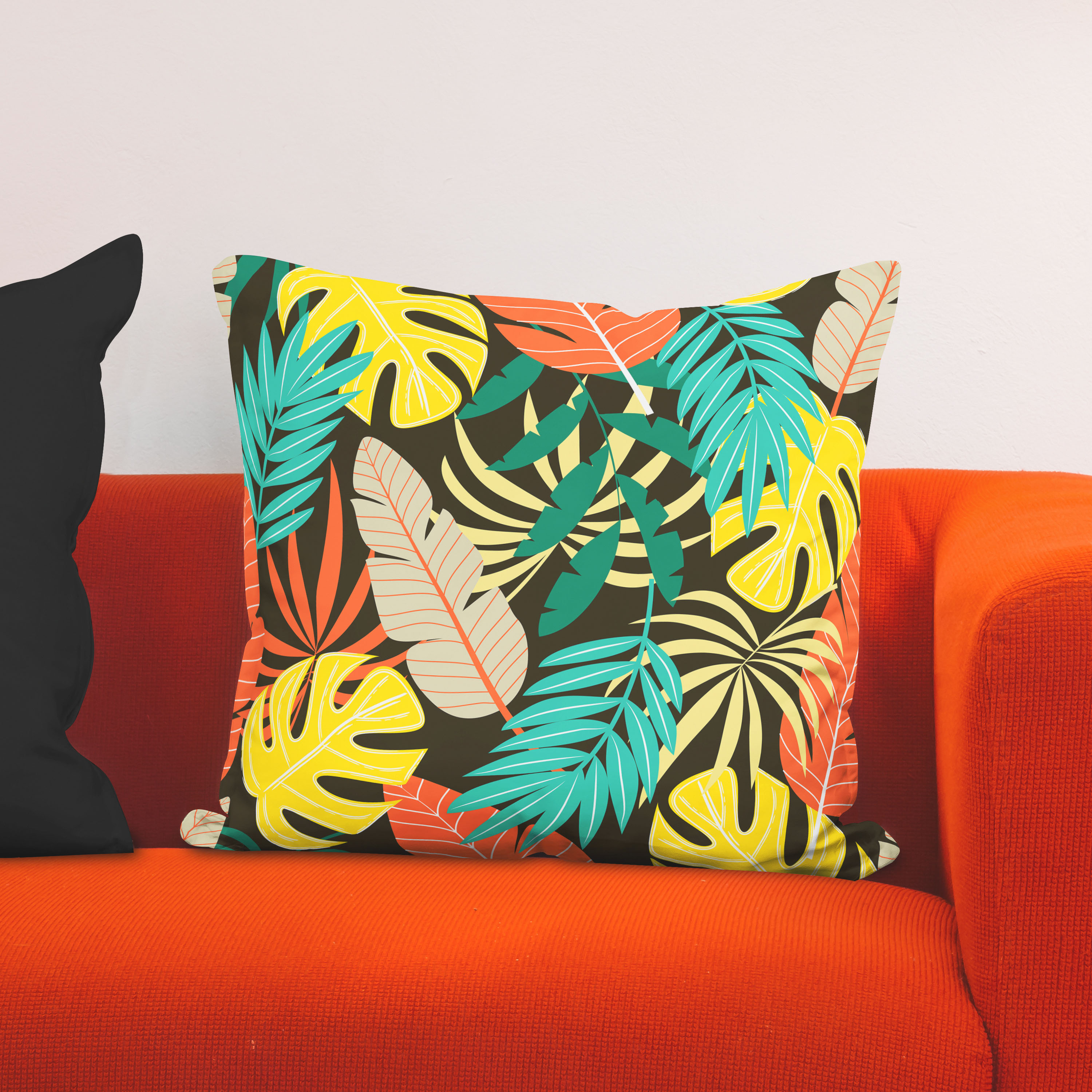 Red sofa with pillow and light lamp