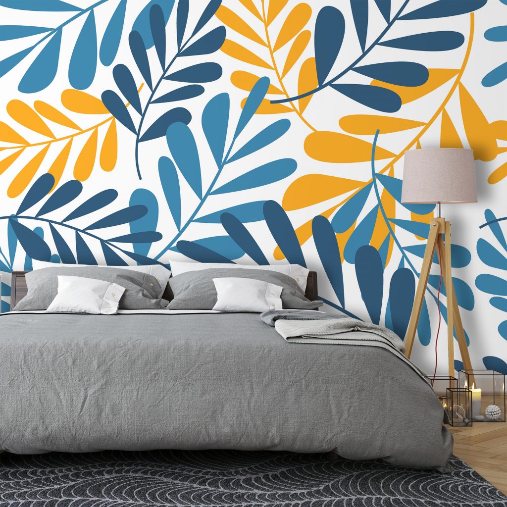 Blue and Yellow Botanical Leaf Wallpaper