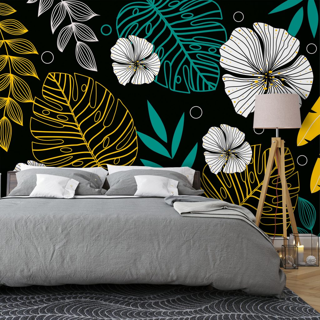 Black Monstera and Hibiscus Wallpaper