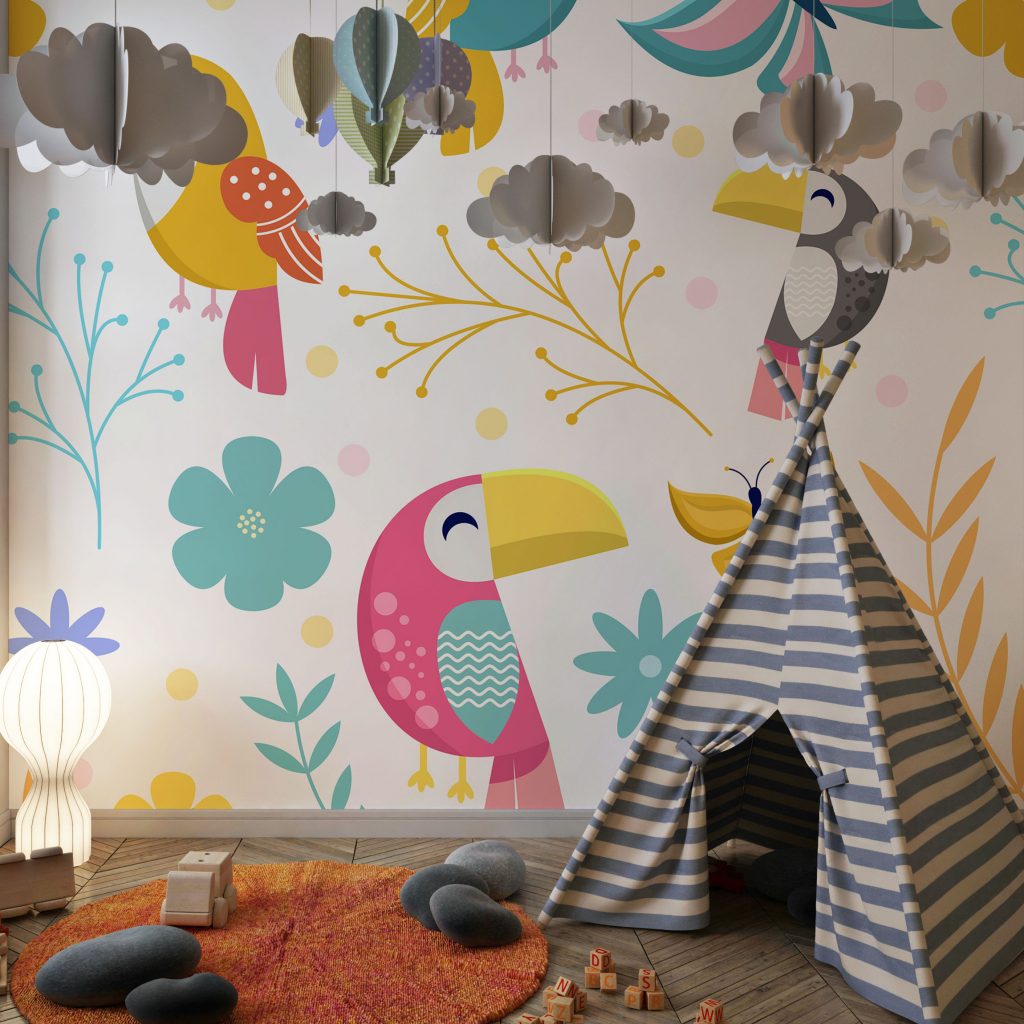 Seamless cute parrot and toucan butterfly