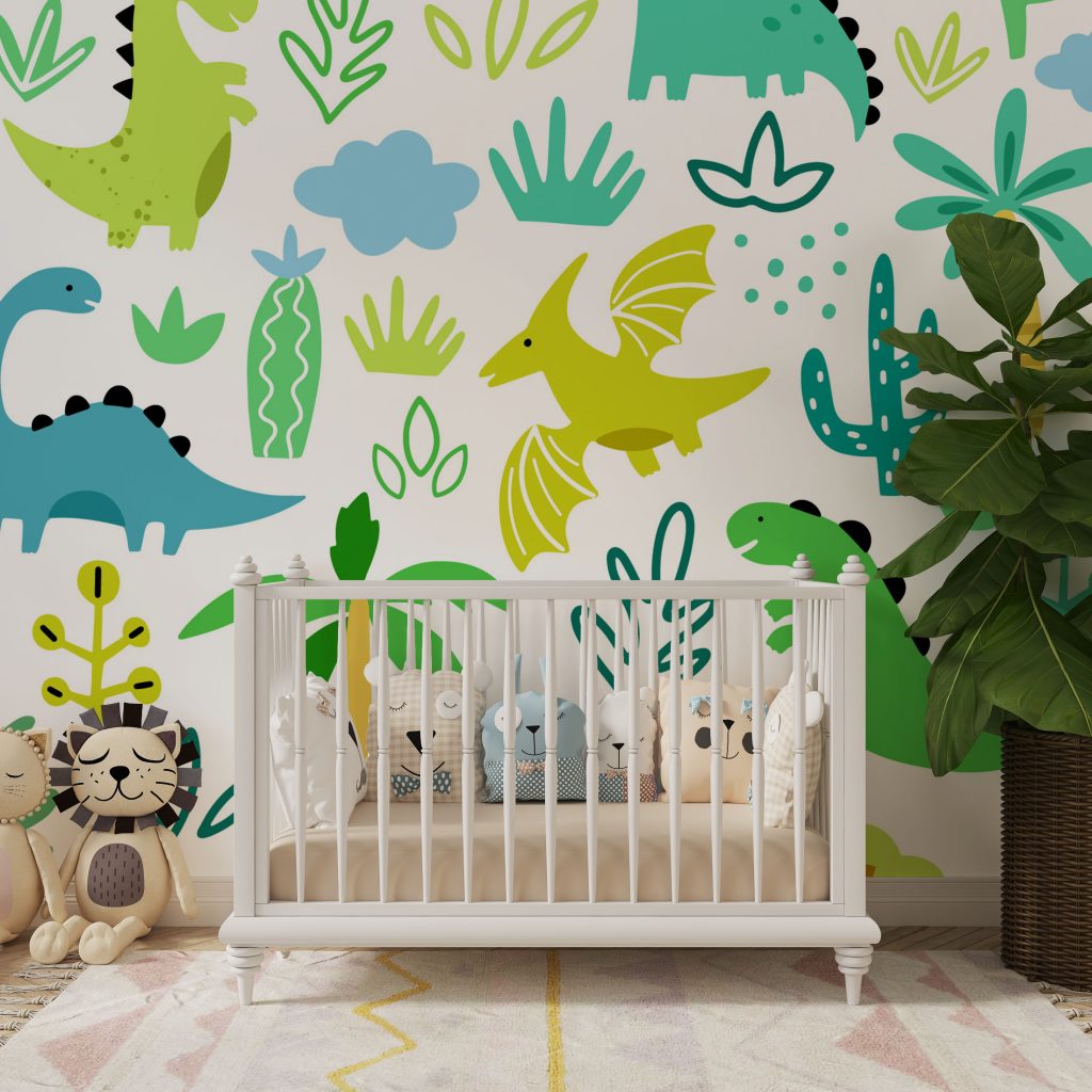 Kids Dinosaur and Palm Tree Wallpaper