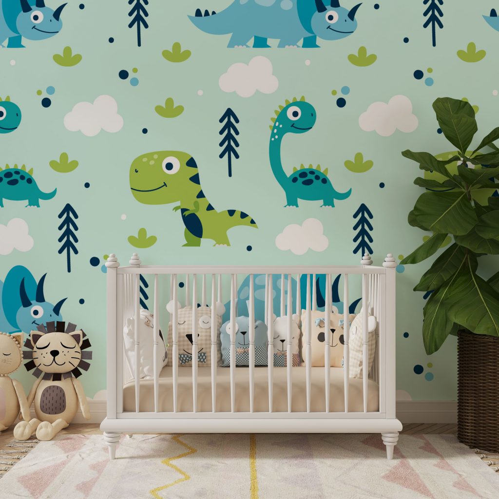 Kids Blue and Green Dinosaur Wallpaper