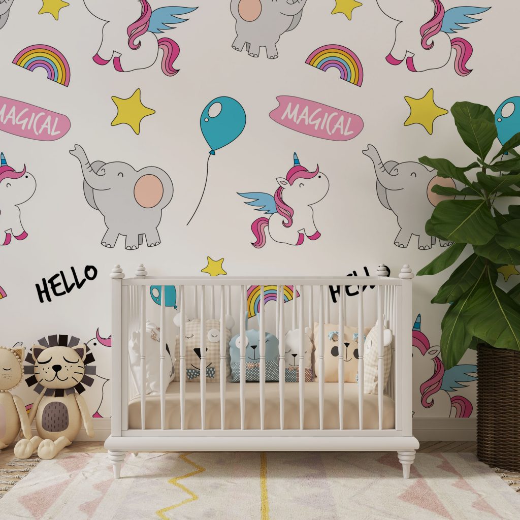 Kids Unicorn Elephant and Rainbow Wallpaper