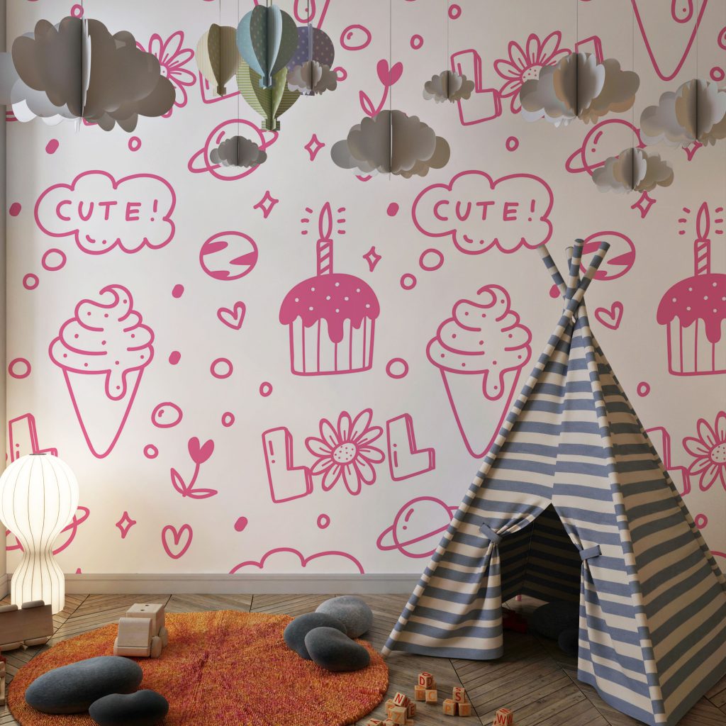 Cute seameless pink cake and ice-cream line drawing