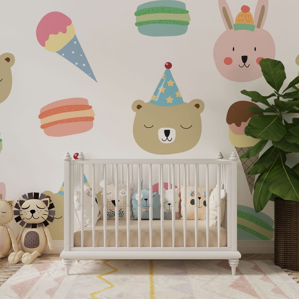 Kids Party Bear and Macaron Wallpaper