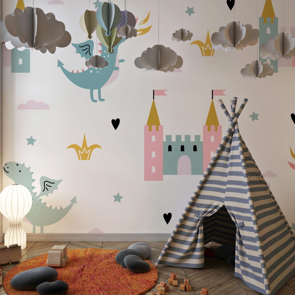 Cute colorful dinosaur and castle