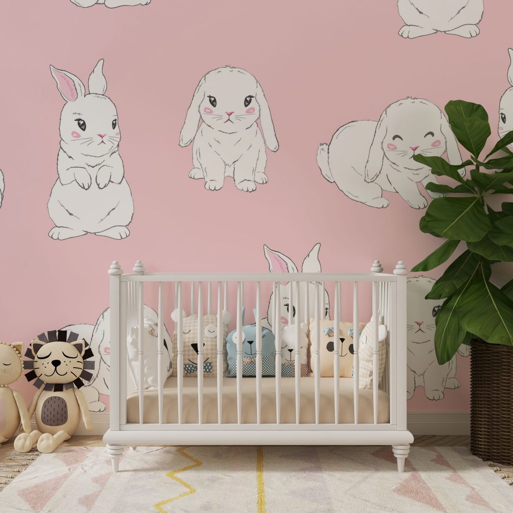 Nursery Pink and White Bunny Wallpaper