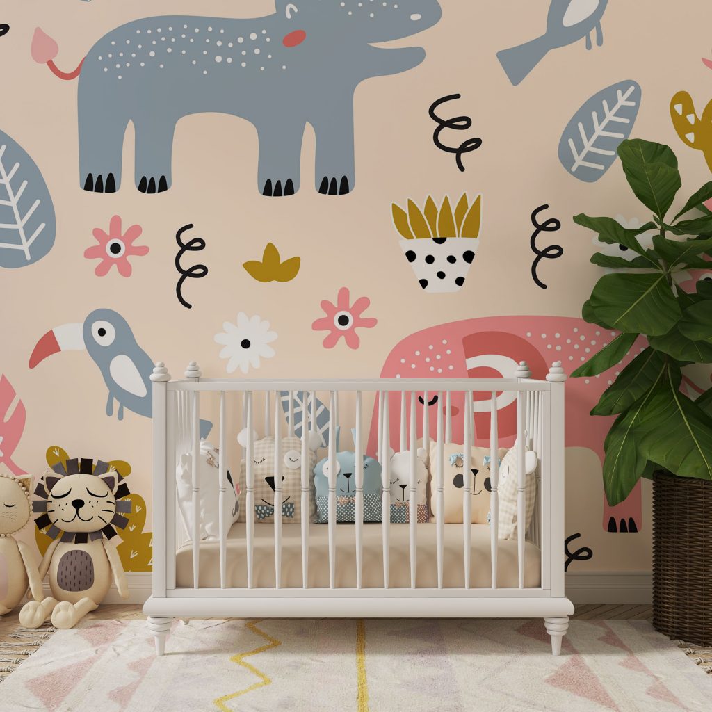 Nursery Pink Elephant and Hippo Wallpaper