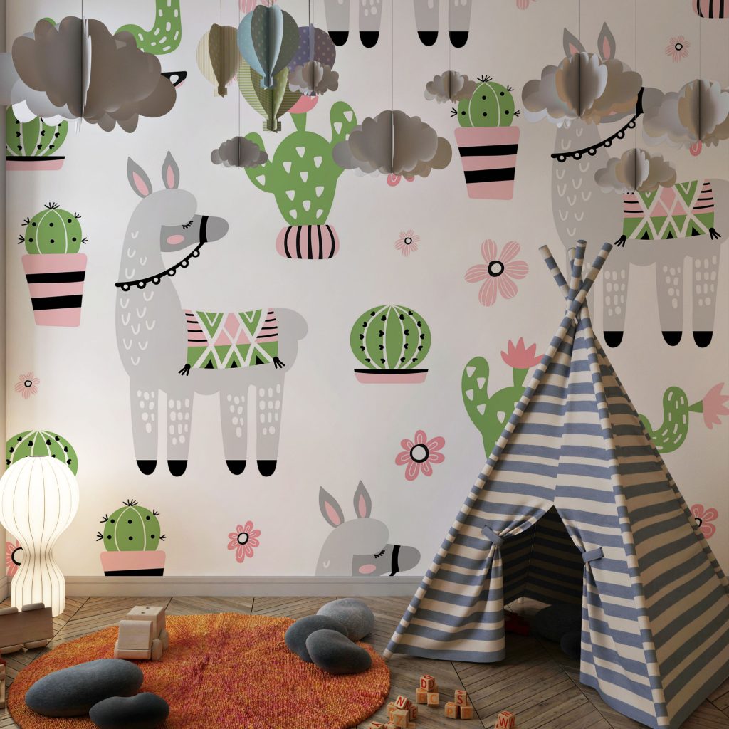 Cute childish llama and cactus